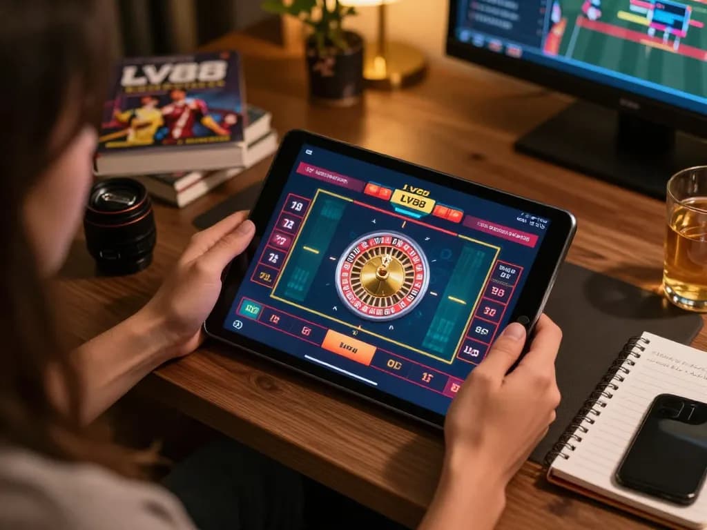 Engaging in LV88 online gaming on a tablet, showcasing a vibrant roulette game.