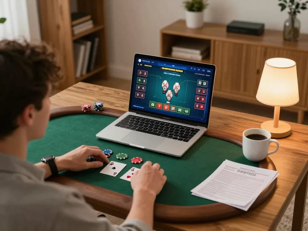 Player enjoying an online poker game on 32win with cozy home setup and strategic focus