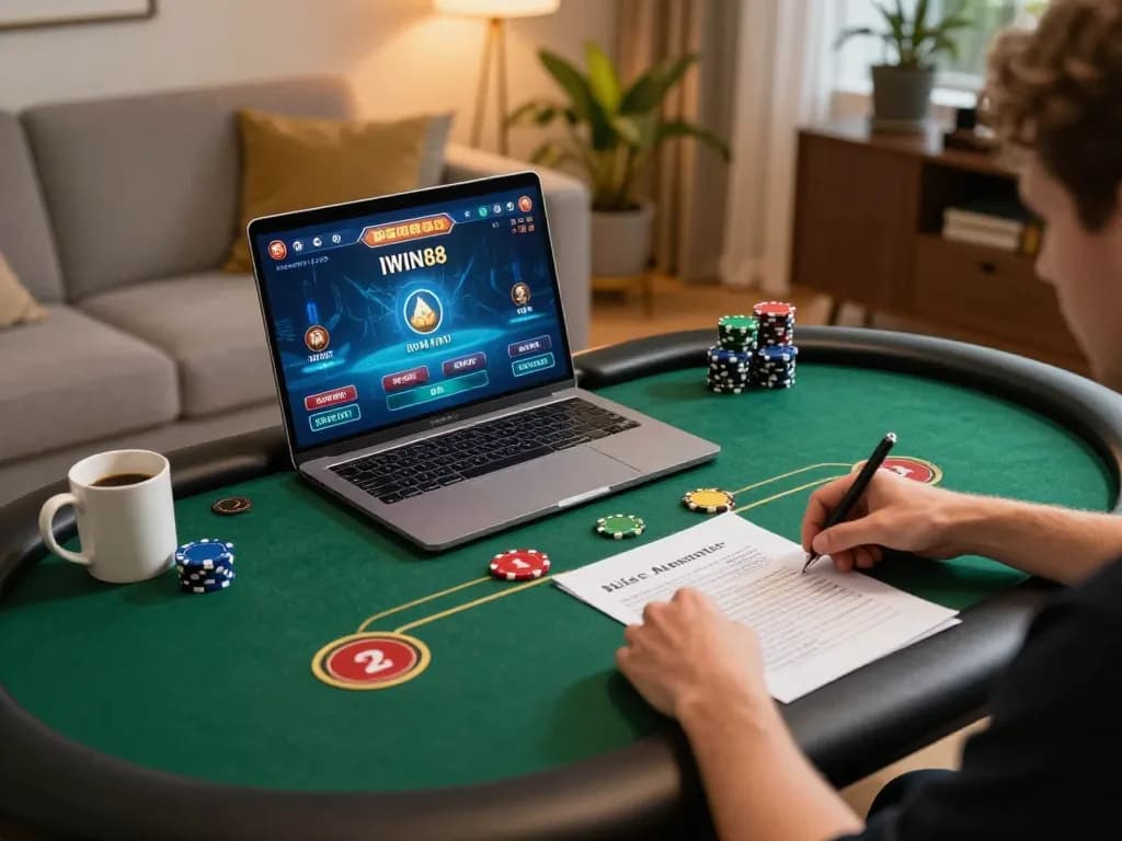 IWIN68 player actively engages in online poker betting at cozy home setup, capturing the excitement of strategic gameplay.