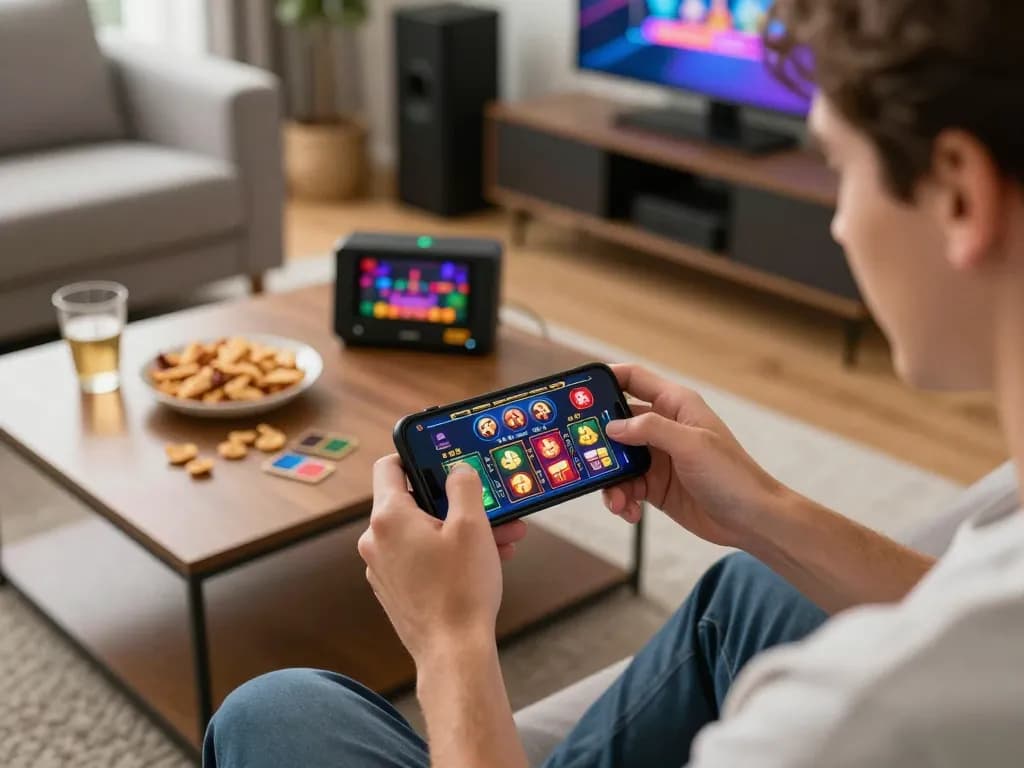 Player engaging in live dealer games on BK8 mobile app within a cozy home setting.