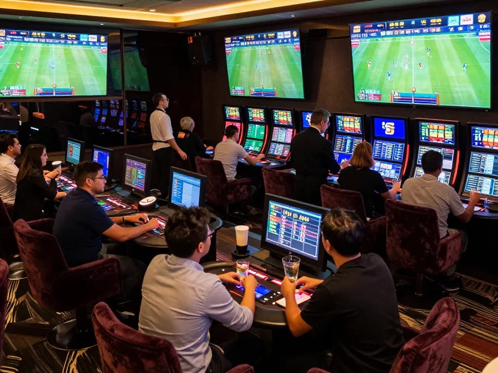 Enthusiastic bettors placing wagers on sports at Tip88's vibrant betting lounge.