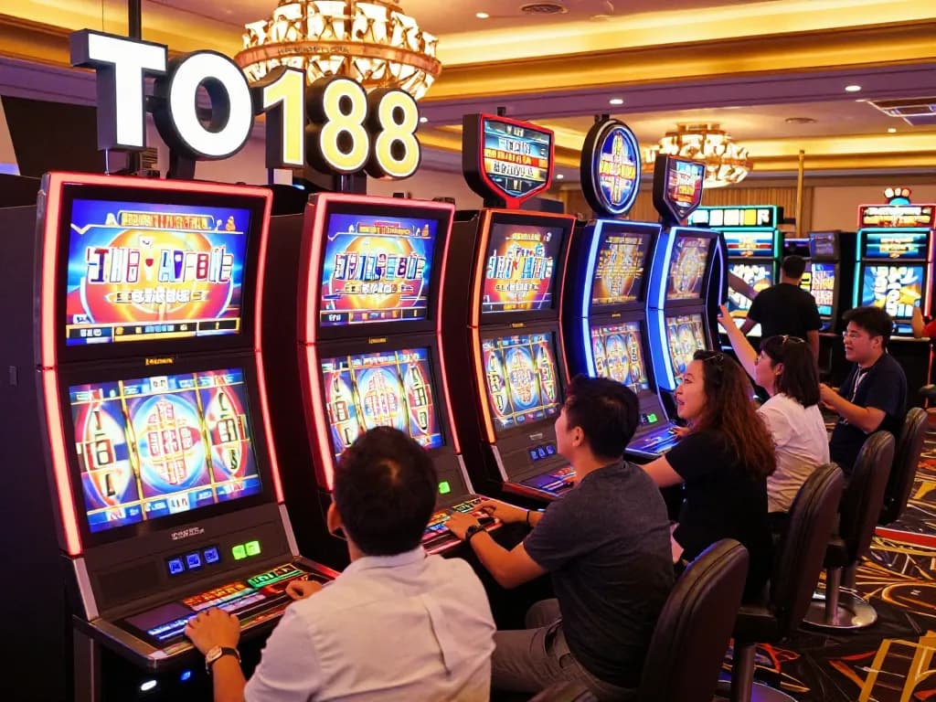TO188 players spin excitement at colorful slot machines in a vibrant casino.
