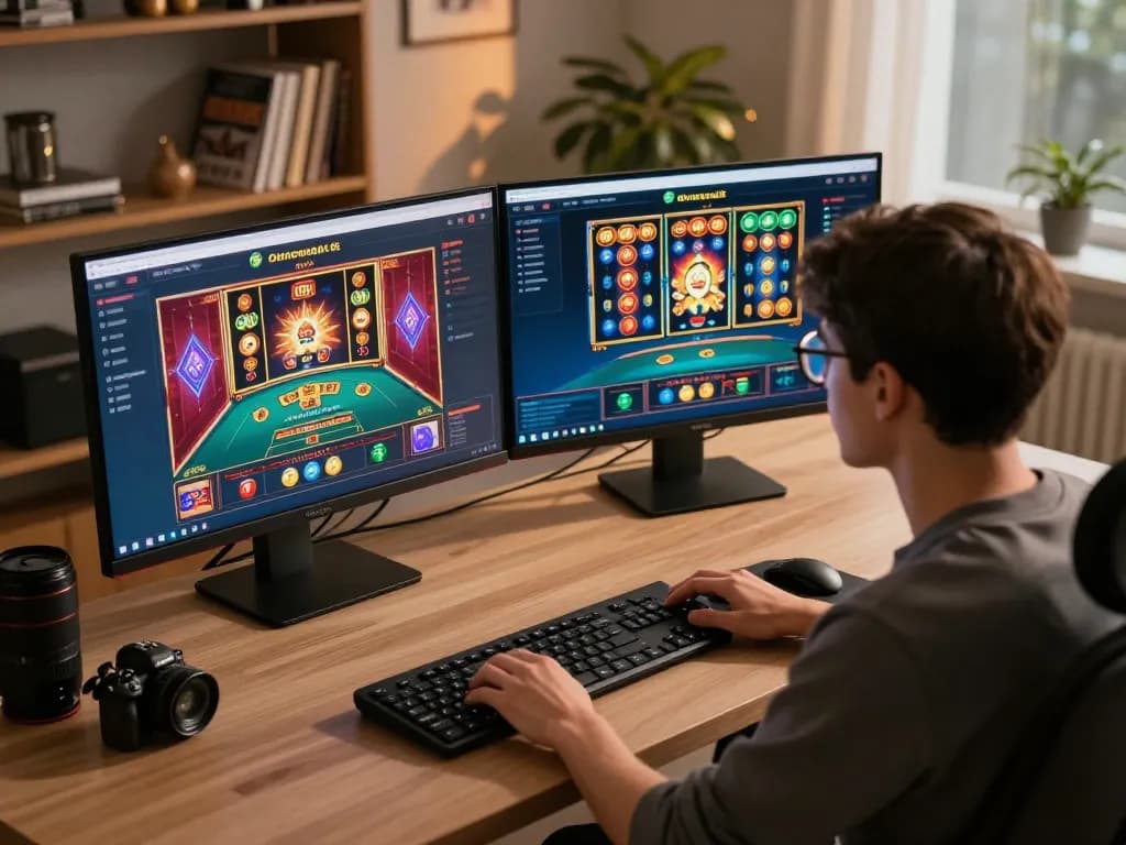 Engaging with Nhà cái F8bet through an online gaming interface in a cozy home office setting.
