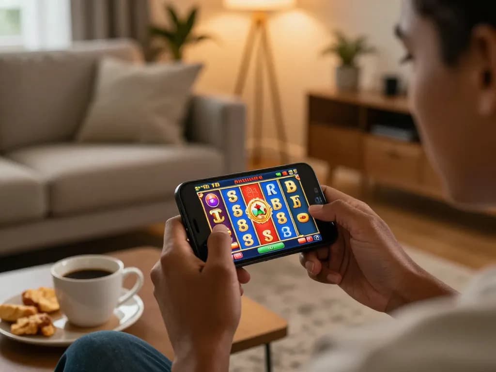 Enjoying gameplay on the luckywin mobile app with colorful slot game interface in a cozy home