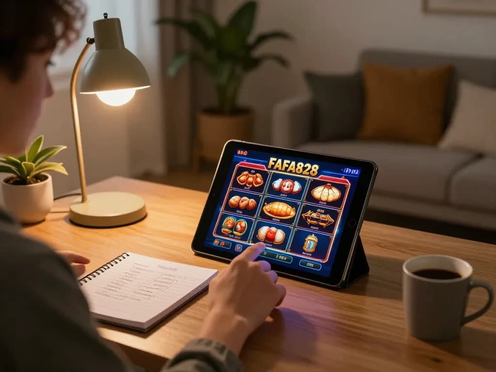 FAFA828 player engaging in online slots with tablet in cozy home setting, showcasing strategic gameplay.