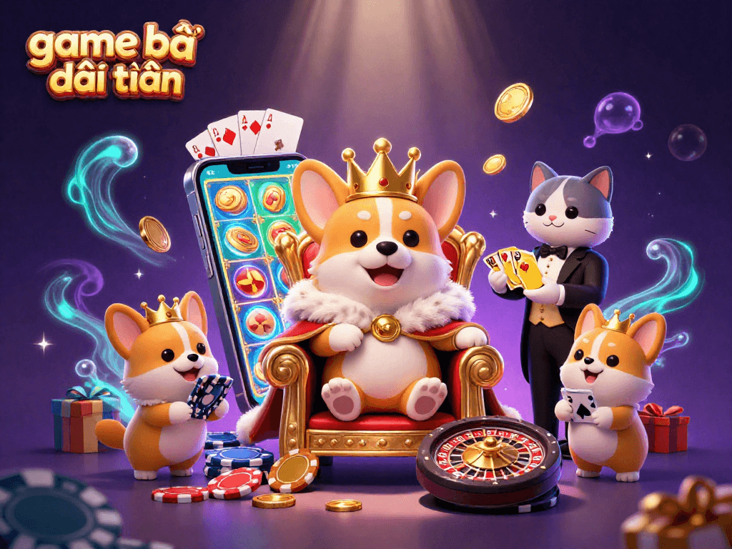 Engage in game bài đổi thưởng with a royal corgi and a cat butler in a magical casino scene