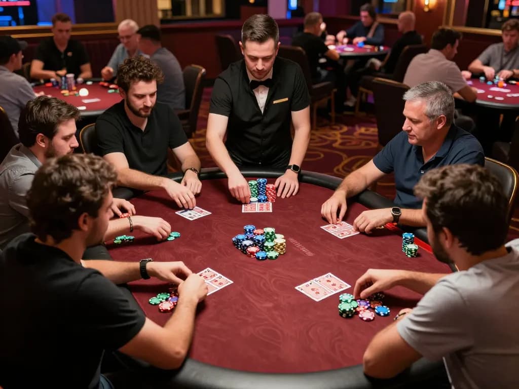 LUCK8 players strategizing during an intense poker game with chips and cards visible
