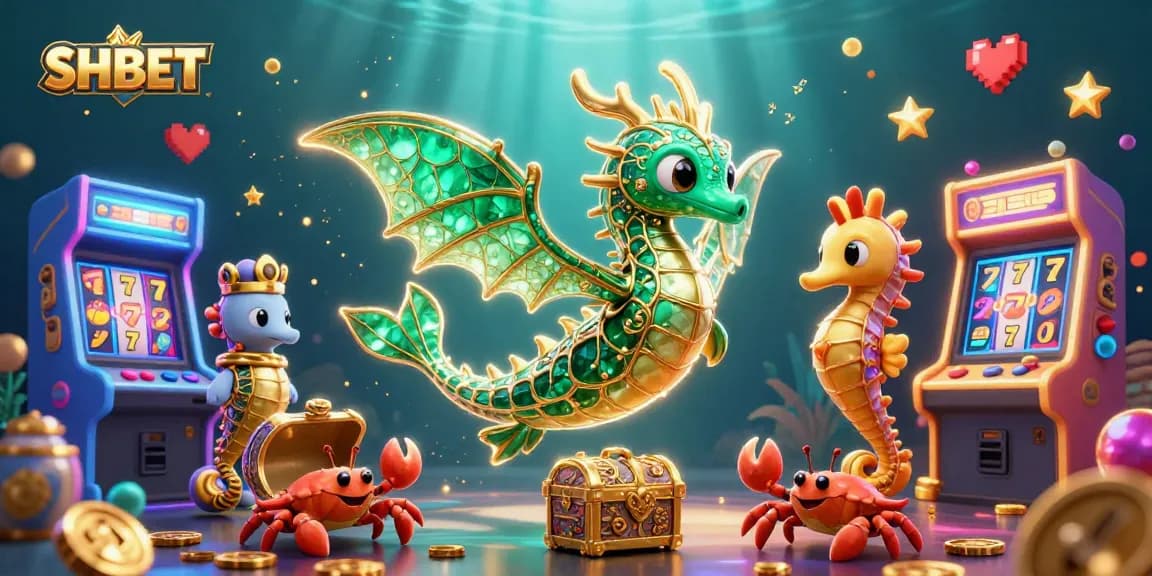 Engage with SHBET's emerald sea dragon and golden treasures in a vibrant casino adventure.