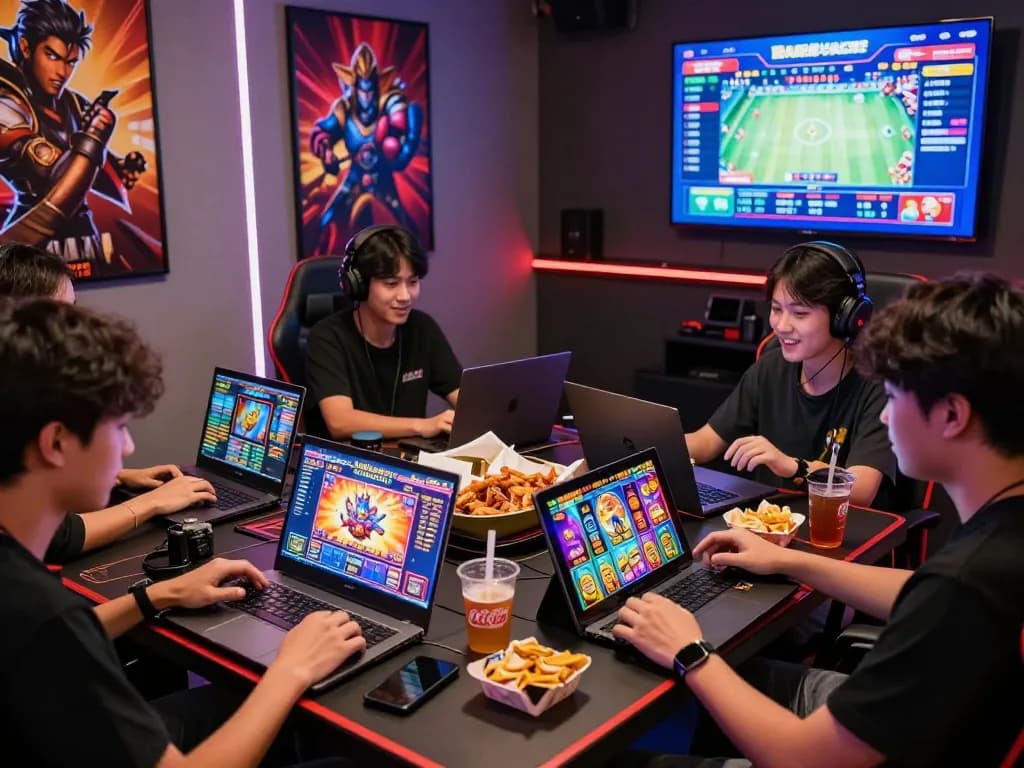 Engaged players enjoying 88Pulsa online slot games in a vibrant gaming environment with colorful graphics and interactive features.