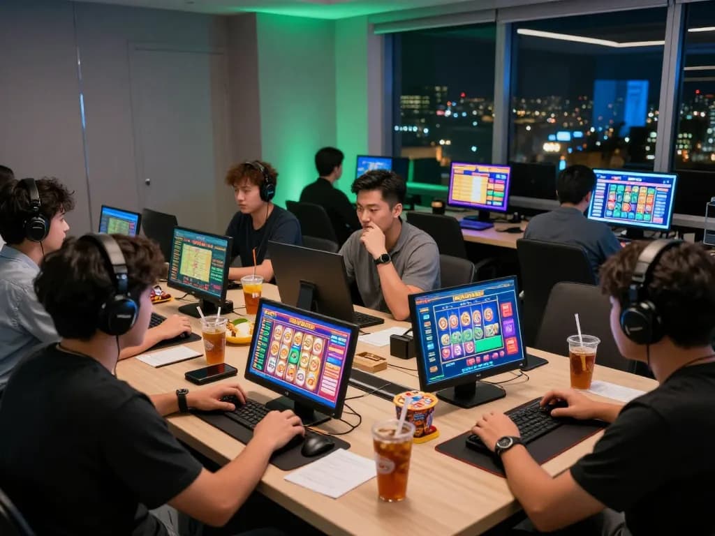 Engaged players enjoying KDTOTO online gambling experience with Toto and Togel games in a vibrant gaming room.