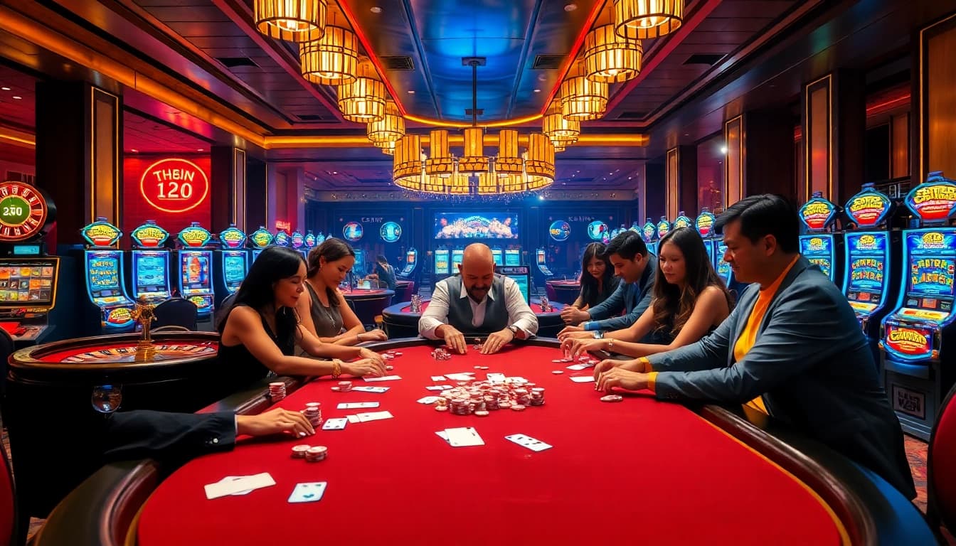 Action-packed casino scene showcasing 123win excitement with players at a poker table.