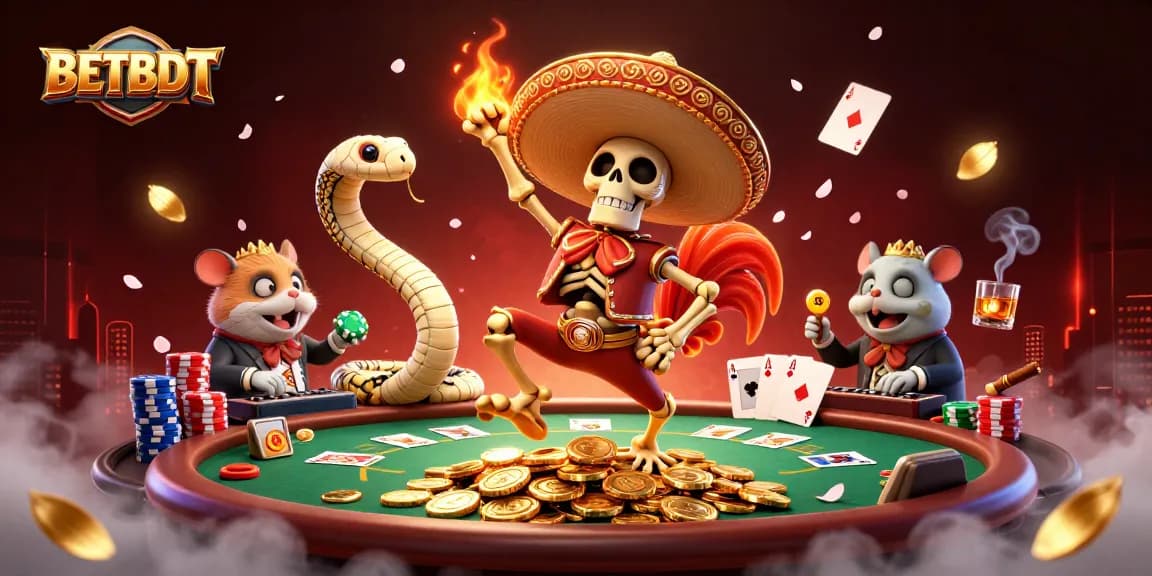 BETBDT's thrilling victory dance scene featuring a lively mariachi rooster, mummy snake, and zombie hamster DJ with vibrant casino elements.
