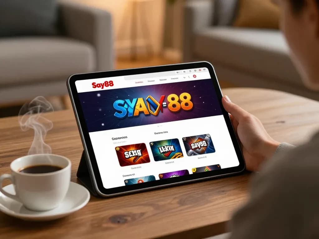 Engaging with Say88 casino app on a tablet during a cozy gaming session with warm lighting.
