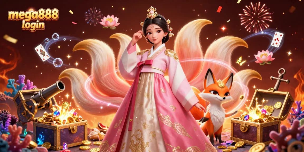 Engage with mega888 login through a vibrant illustration featuring a graceful Asian woman and a lucky fox amidst casino-themed elements.