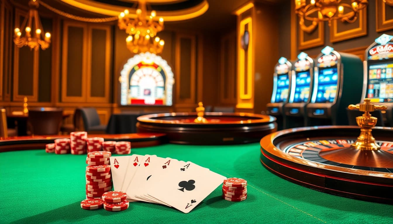 Lazadatoto gaming scene showcasing a luxurious casino table with vibrant poker chips and stylish roulette wheel.