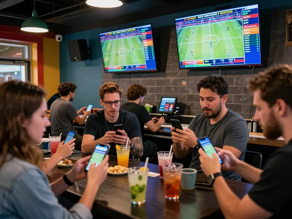 Fans engaging in debet sports betting during a thrilling live match event in an energetic lounge