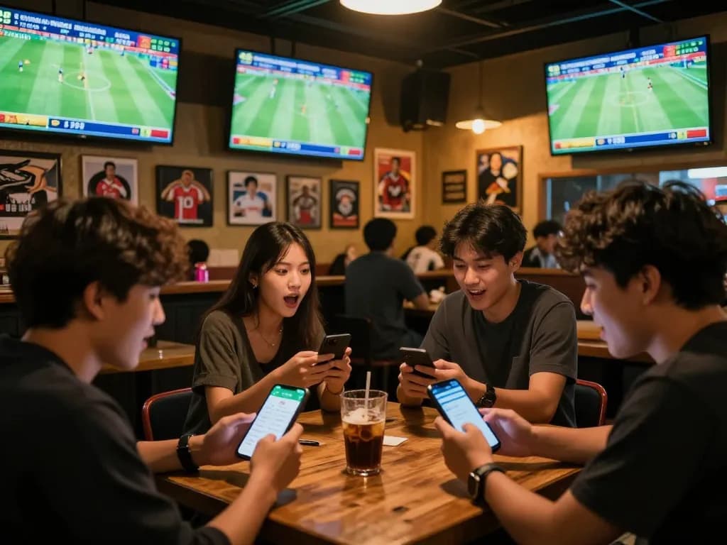 Fans eagerly placing bets on Bongdalu in a lively sports betting bar with multiple screens showing live matches.