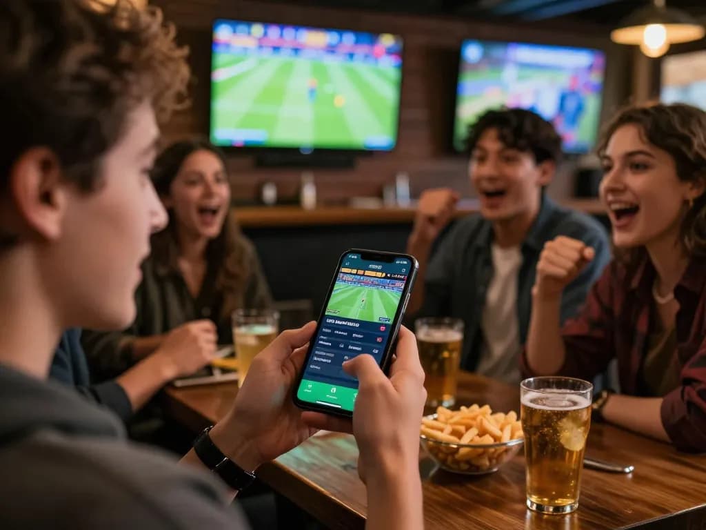 KÈO TRỰC TUYẾN user engaged in live betting app during an exciting sports match in a lively bar.
