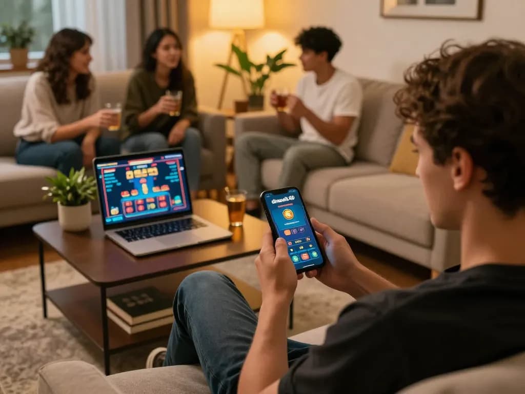 Player using the dinamit4d app for online gaming in a cozy home environment, enhancing strategic gameplay.
