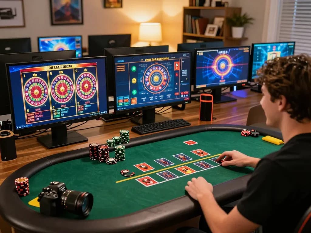 Player engaging in live blackjack at MSG777, showcasing an immersive home gaming setup with multiple screens.