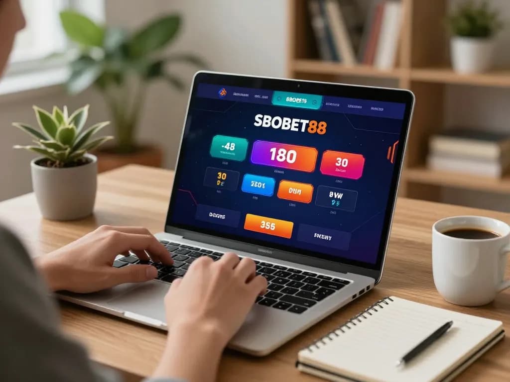 Permainan menarik di SBOBET88 dengan pengaturan laptop yang stylish dalam lingkungan rumah yang nyaman.