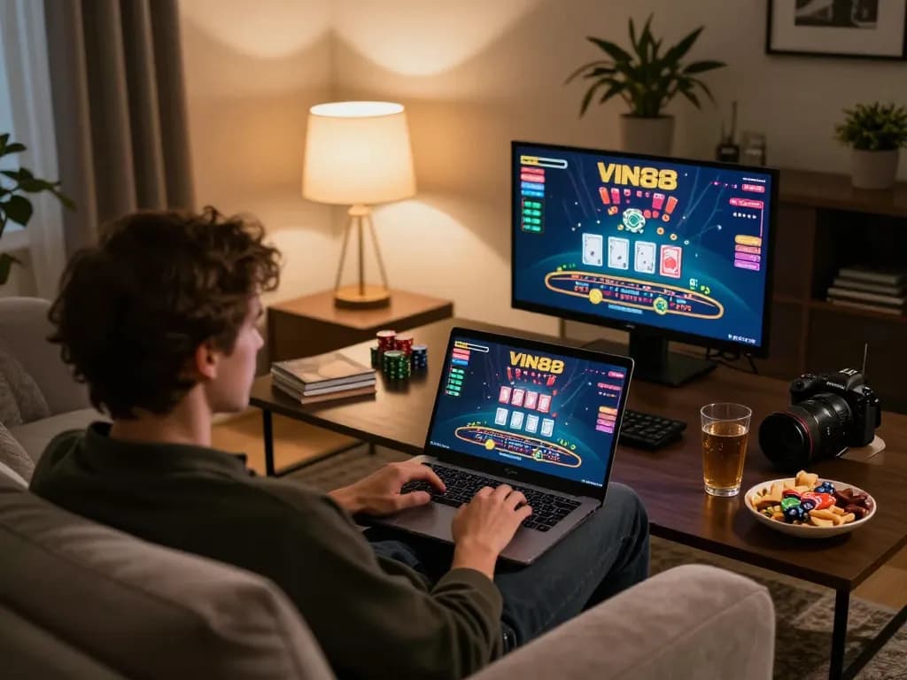 Engaging with VIN88 online casino games from a cozy home setting showcasing responsible gaming