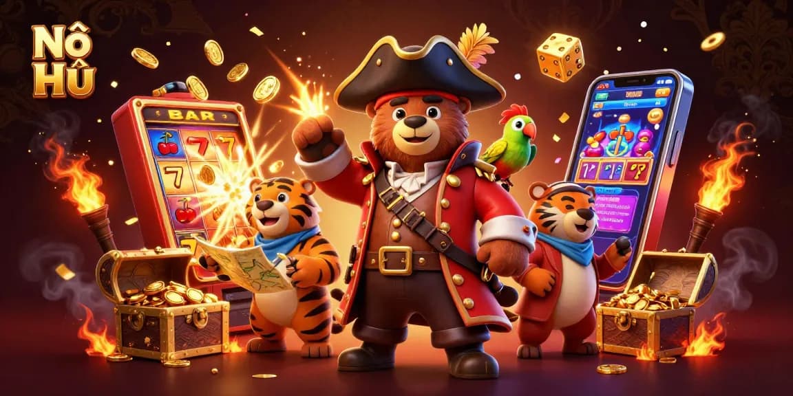 Experience the excitement of Nổ Hũ with a vibrant 3D jackpot scene featuring cartoon characters and dynamic casino elements.