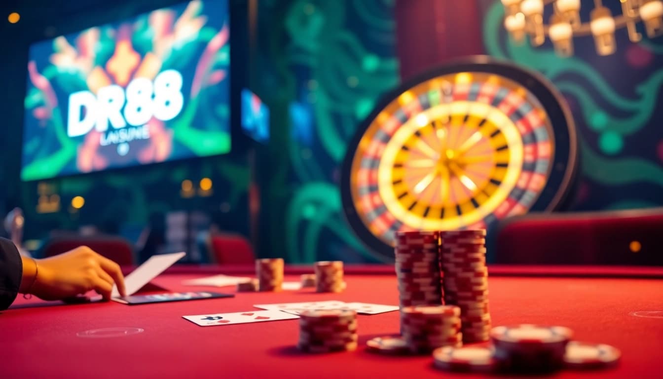 Engaging gamblers in a luxury casino scene, highlighting dr88 nhà cái uy tín with cards and roulette.