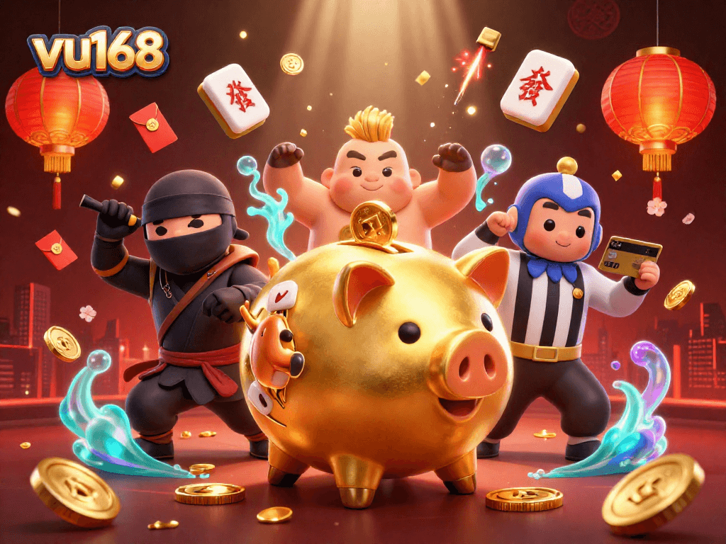 Experience the thrill of gambling with vu168's lively casino scene featuring adventurous characters.