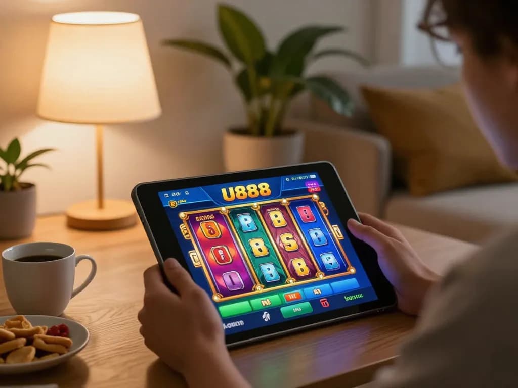 Player enjoying U888 slots on tablet in cozy home setting with snacks and warm lighting