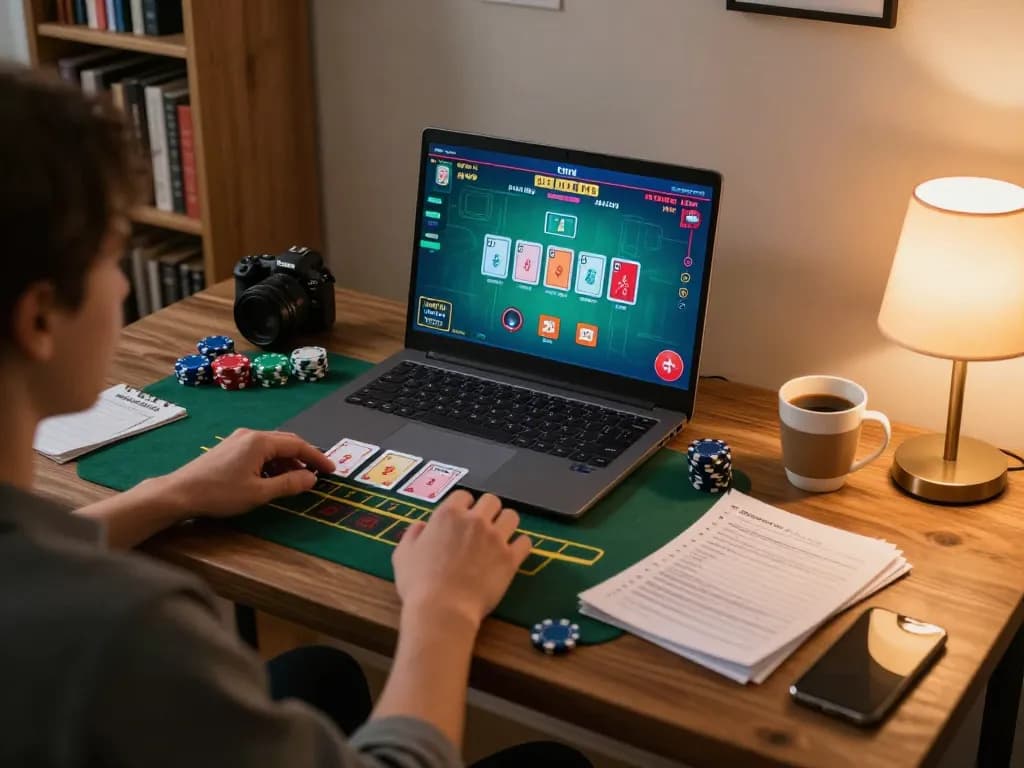 Engaging in live dealer blackjack at home with bsport on laptop, showcasing strategic gameplay