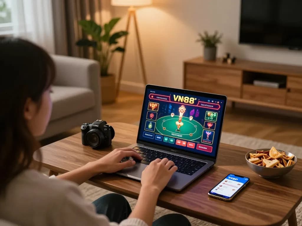 Player engaging with VN88 poker at home, laptop screen showing casino gameplay, warm inviting ambiance.