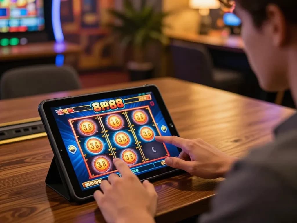 Player enjoying an online slot88 game on a tablet in a cozy setting, showcasing responsible gaming.