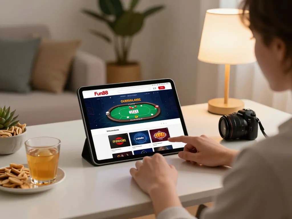 Play Fun88 at home with engaging poker game on a tablet, creating a cozy gaming atmosphere.