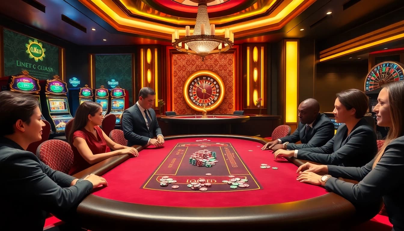 Players enjoying poker at a luxurious casino, featuring OKFUN branding on chips and tables.