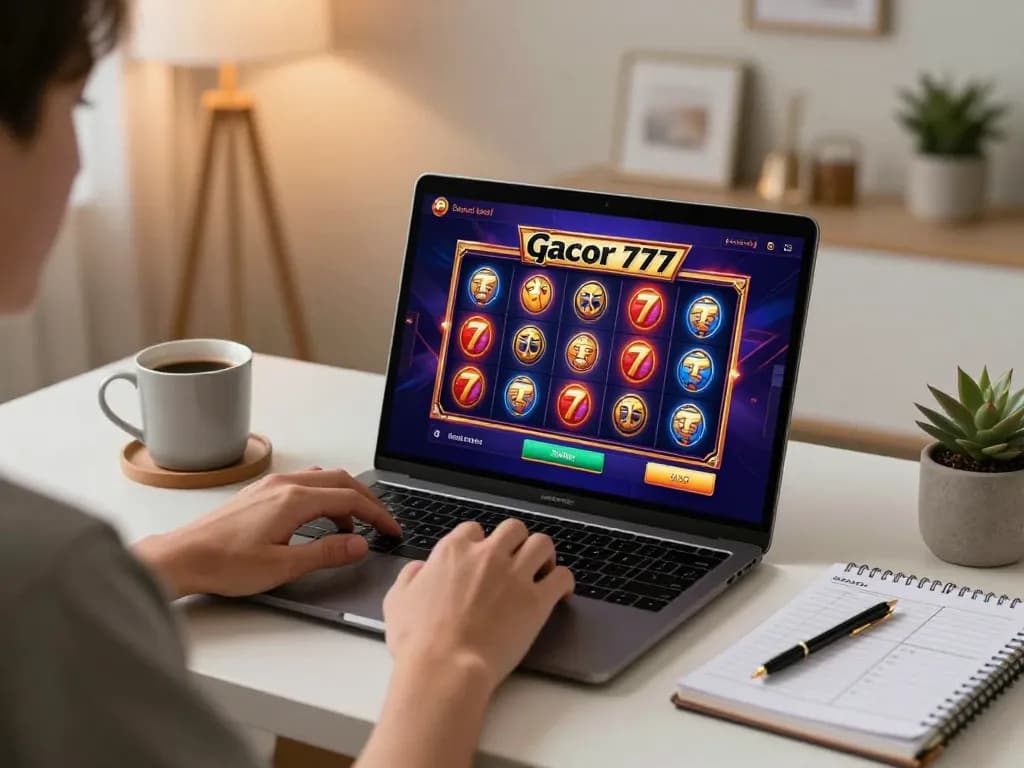 Engaging online gambling moment showcasing slot gacor 777 gameplay on a laptop.
