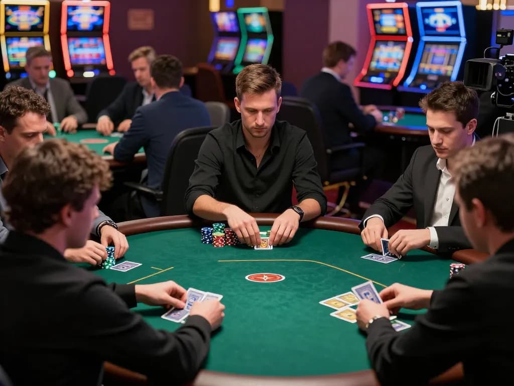 Players strategically engaging in a high-stakes poker game at go88, focusing on their hands and chips as the dealer deals cards.