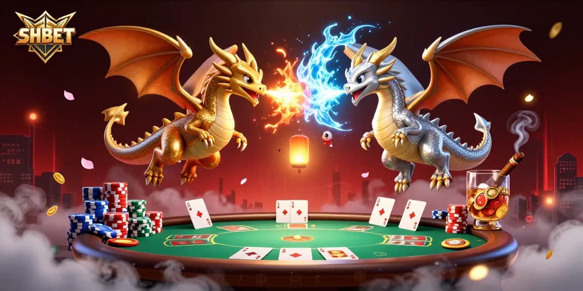 Engage in thrilling SHBET gaming with golden and silver dragons battling, festive poker elements.