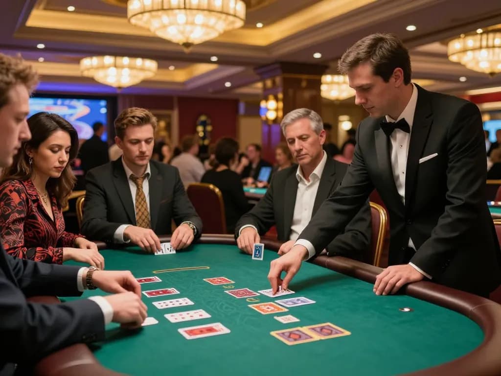 Players enjoying blackjack at a busy MM99 casino table, highlighting excitement and strategy.
