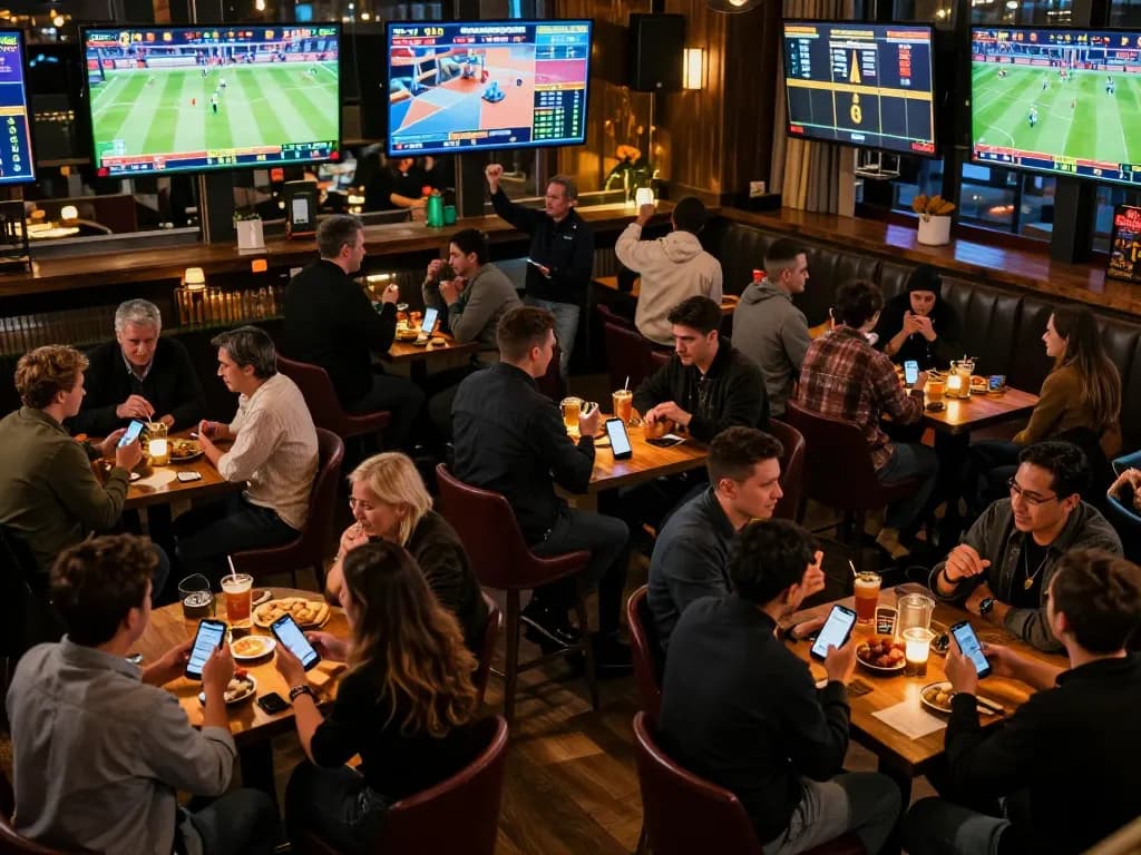 C168 sports betting excitement with fans analyzing odds in a lively atmosphere