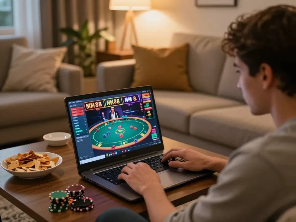 Player enjoying an exciting MM88 online gaming experience from home, engaging with poker and slots.