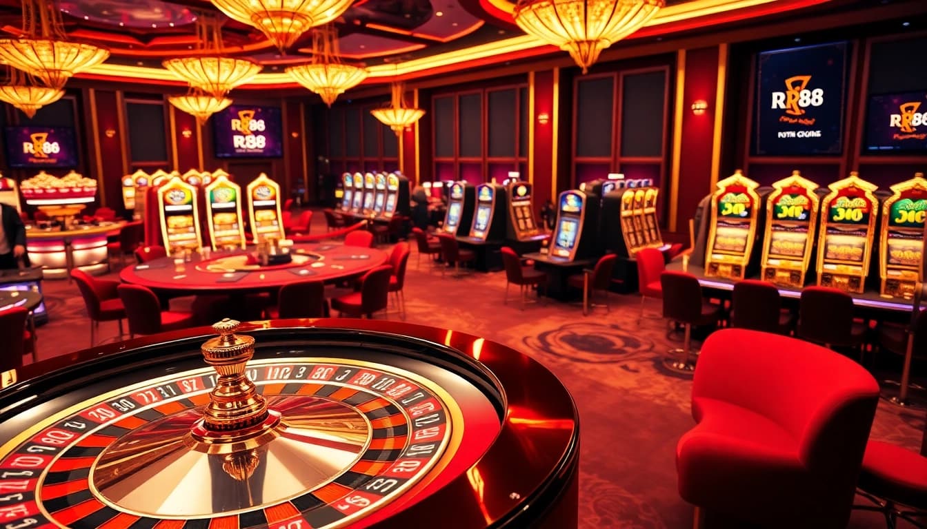 Roulette at RR88 Casino: A vibrant scene capturing excitement with poker chips and gaming tables.