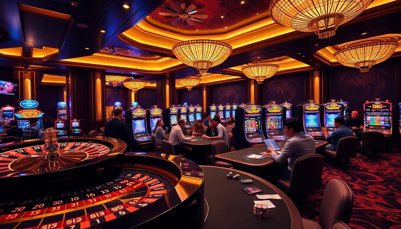 Action-packed scene of players winning at bk8th casino with roulette and slot machines.