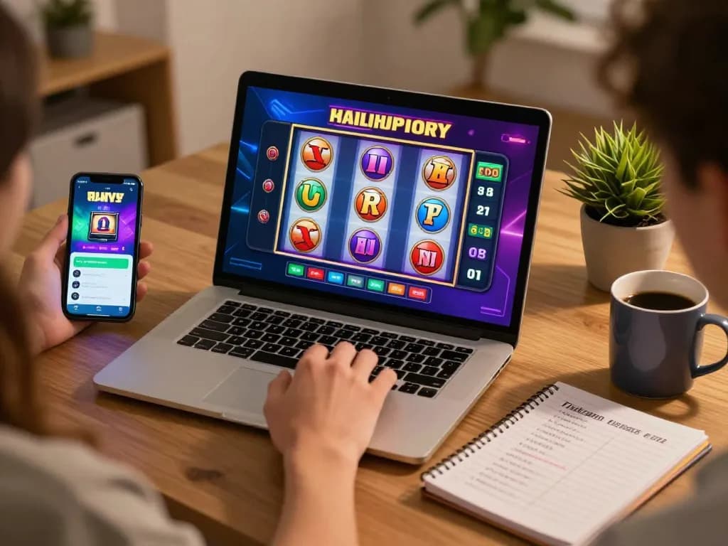 Engaging in link slot gameplay on a laptop featuring colorful interface and strategic notebook notes.