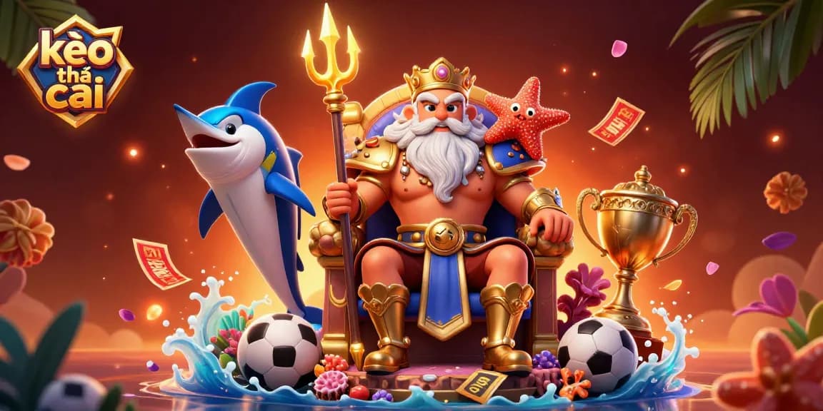 Engage in thrilling kèo nhà cái sports betting with Neptune and samurai elements dynamically illustrated, showcasing lively gameplay.