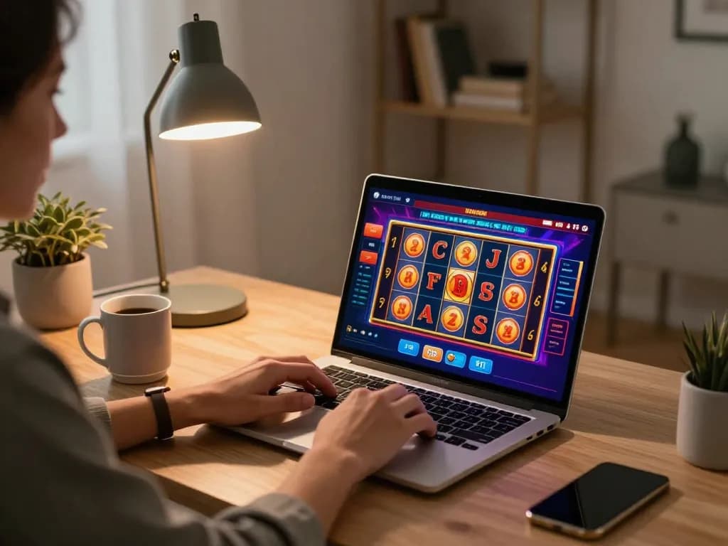 MM88 online gaming session with a player engaged in a vibrant slot game interface on a laptop