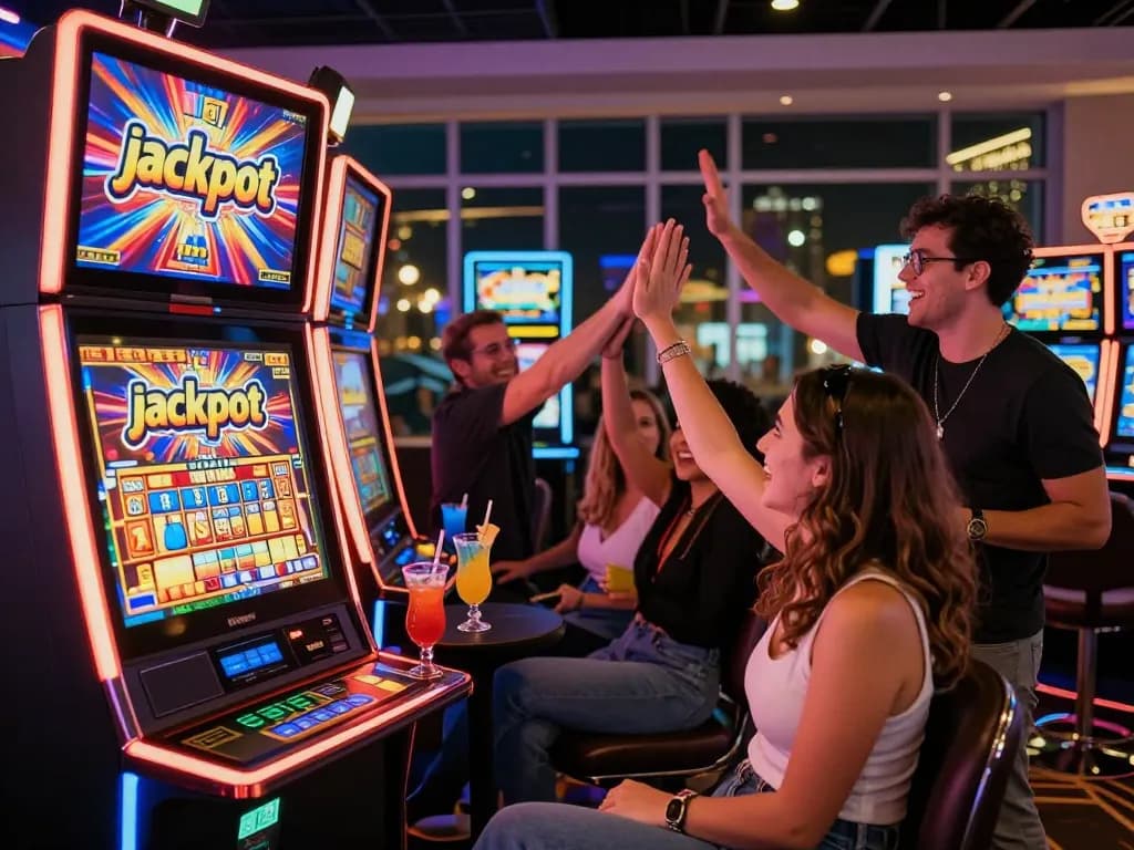 Excited casino group celebrating link gacor jackpot win at slot machine.