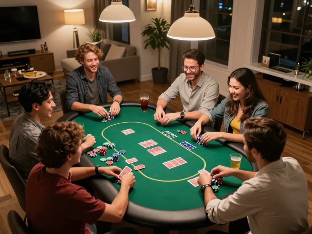 Friends enjoying poker night at home with PH22 app visible on smartphone, lively gaming atmosphere