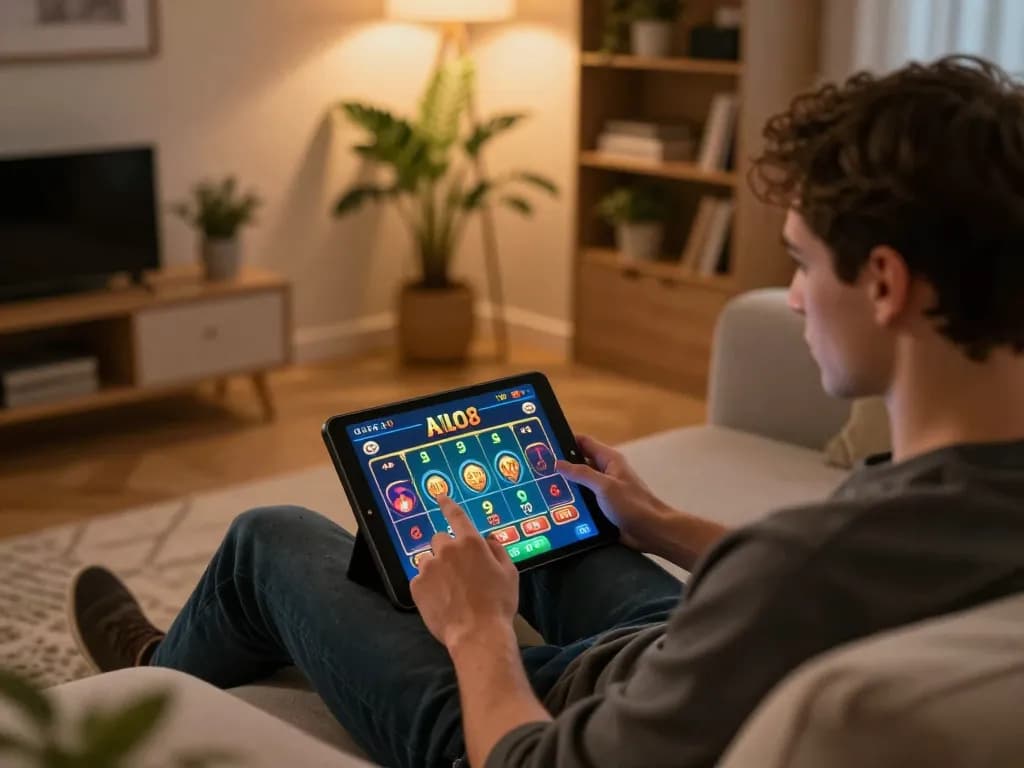 Person engaged in dynamic gaming on ALO8 tablet, relaxed home setting