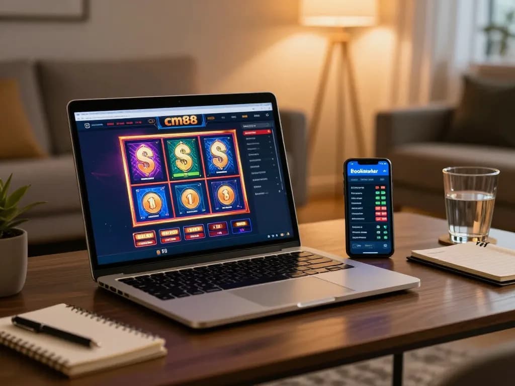 cm88 casino gaming setup on laptop with vibrant slots displayed for online play